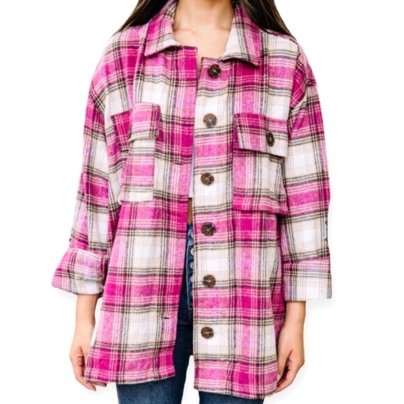 Jodifl Womens Pink White Plaid Shacket Oversized Comfy Cozy Classic SzS 1077R2 - Picture 1 of 11